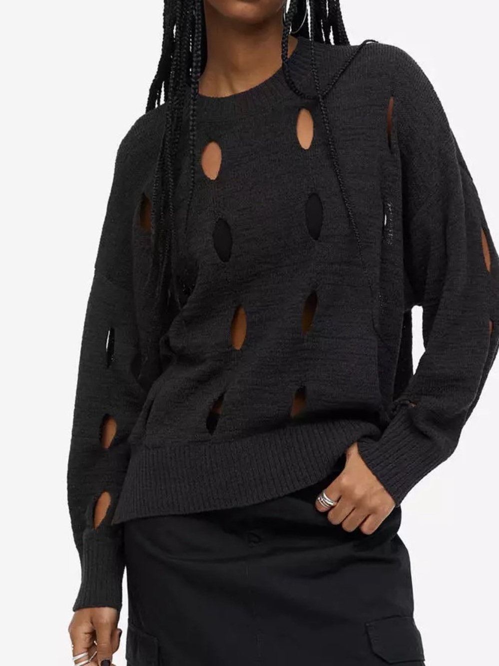 Divided H&M Hole Knit Sweater Womens Size Small Charcoal Grey Long Sleeve Jumper